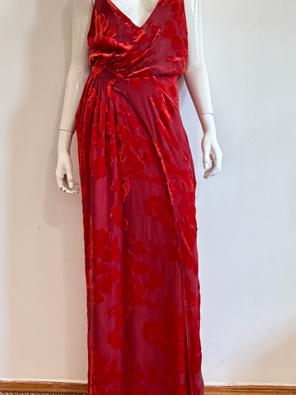 Red Floral Maxi Dress with V-Neck and Draped Waist